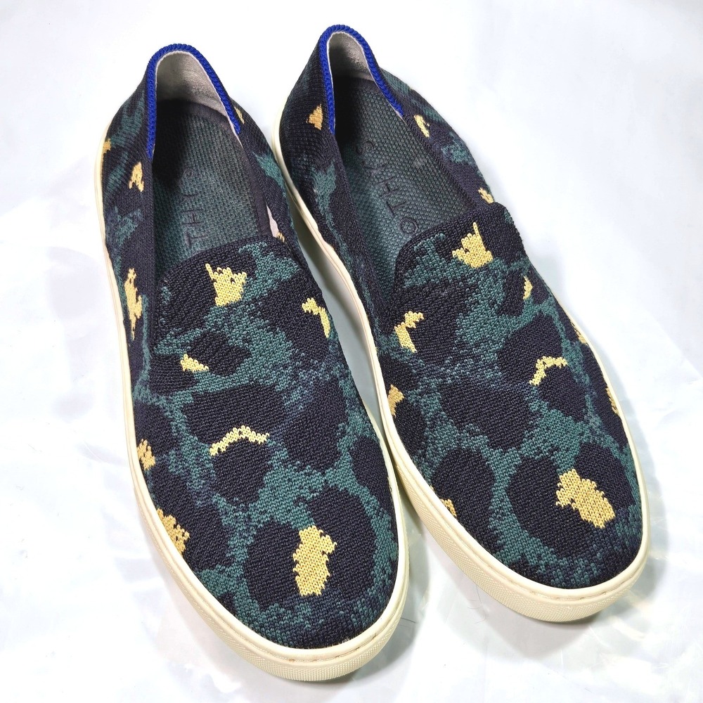 Rothys The Sneaker Navy‎ Green Leopard Print Slip On Shoes Womens 6.5